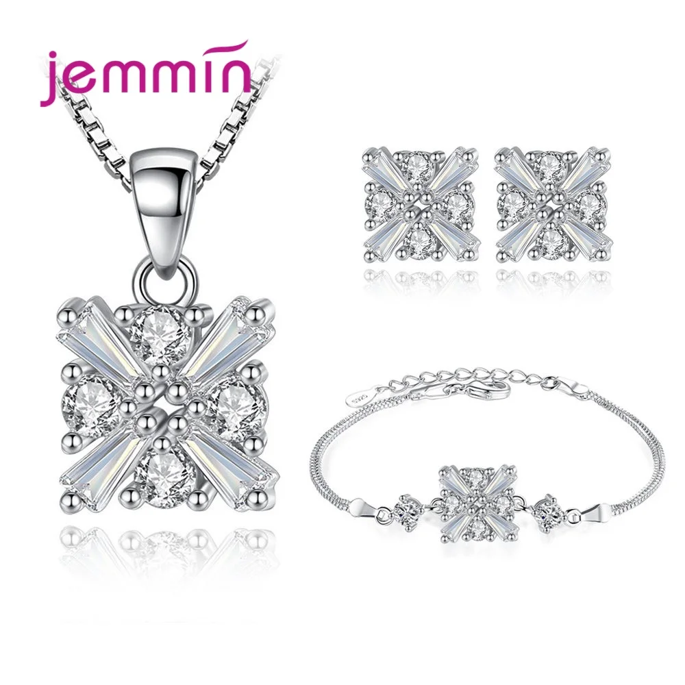 

S925 Sterling Silver Square Set for Women Girls Theme Party Decoration Necklace Earring Bracelet Cubic Zirconia Set 3Pcs/Set
