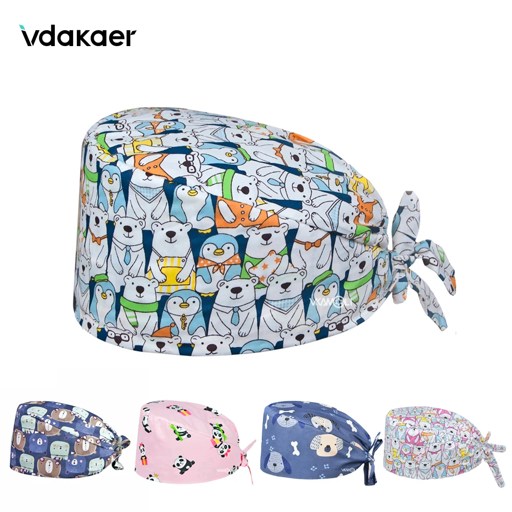 Маленькая Медвежонок Печать хлопок Pet Лаборатория красоты Рабочая шляпа скрабы