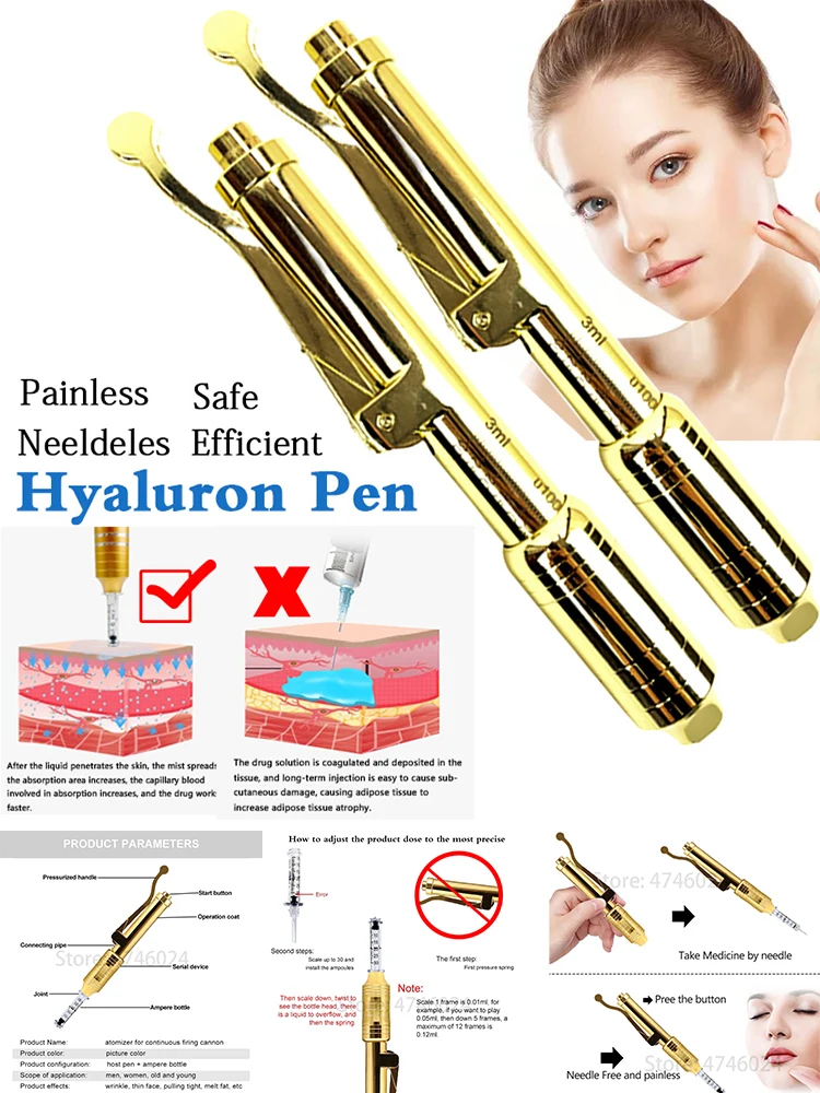 

24k Gold 0.3 Atomizer Injector for Lip Lifting Anti Wrinkle Meso Gun Hyaluron Pen with High Density Mental Hyaluronic Acid Pen