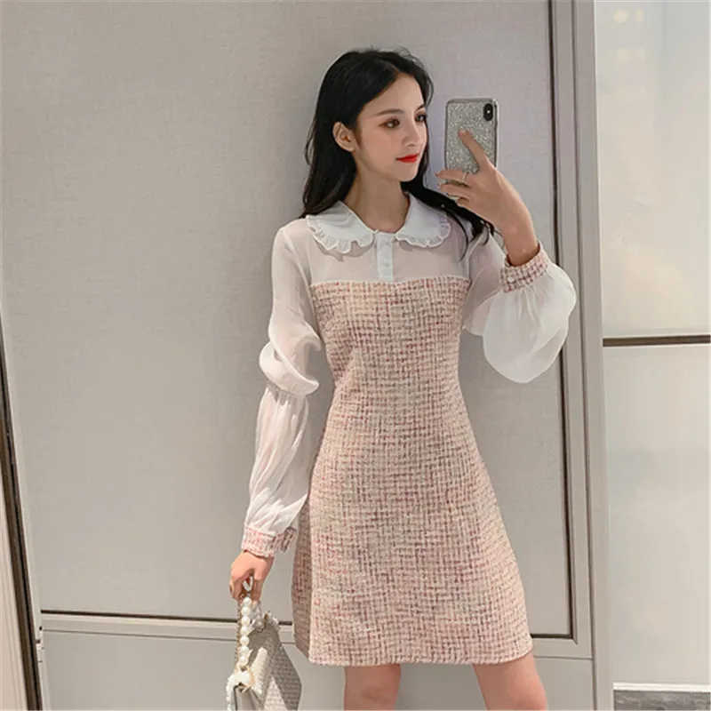 

Brand Runway High Quality Women Grace Wool Blend Dress 2020 Autumn Fashion Mesh Splicing Lapel Long Sleeves Slim Mini Dress
