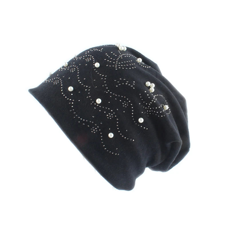 Осенняя шапочка Женские однотонные шапочки Стразы с жемчугом для женщин модная