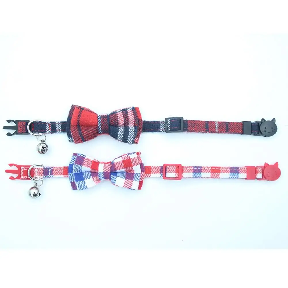 Cute Bowtie Cat Collar Breakaway with Bell Plaid Collar Set for Kitty Puppy Adjustable 7.8-10.2"