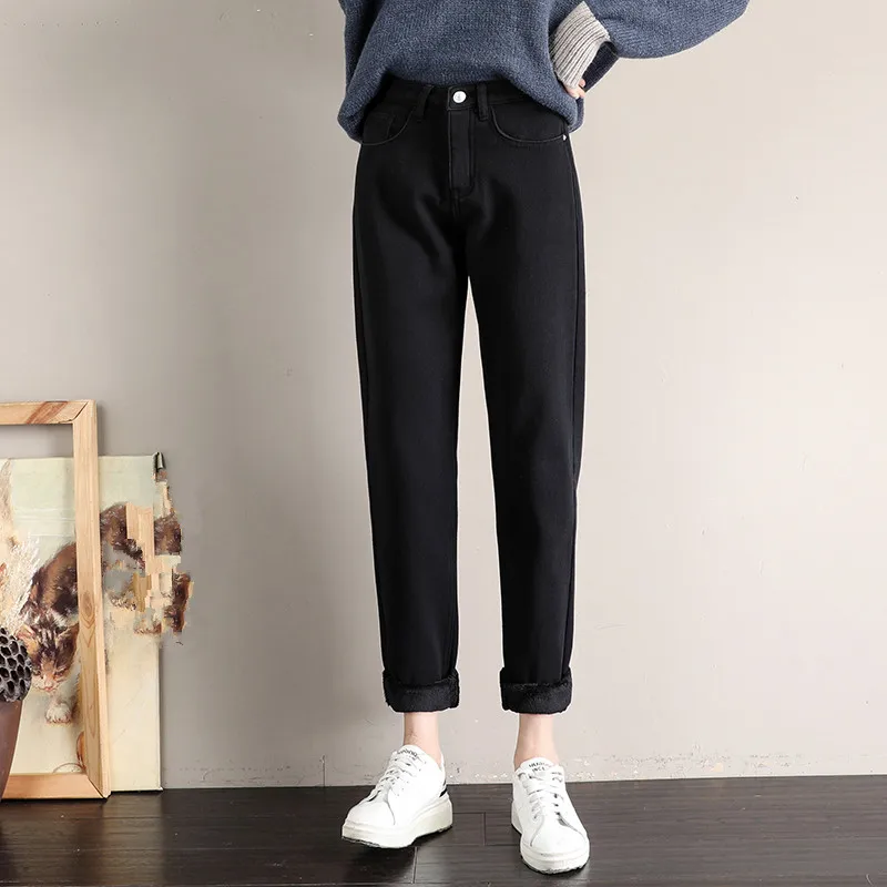 Женские зимние теплые утепленные джинсы модные сексуальные однотонные флисовые прямые брюки свободные джинсы брюки плюс размер брюки P9207