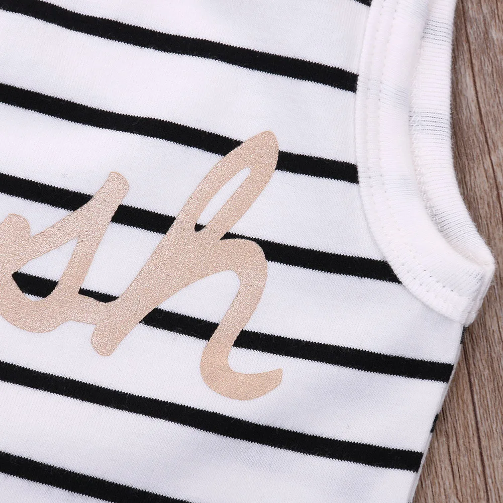 Fashion& Cute Casual Baby Boy Girls Sleeveless O Neck With Letter Cotton Striped Bodysuit 0-24m