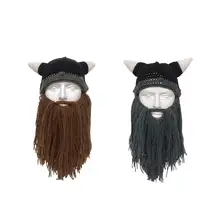 Взрослые дети борода вязаная шапка Рога шерсть шапка Мужская цепь из нержавеющей стали шляпа на Хеллоуин вечеринка в честь Дня Рождения ручной работы вязаная крючком зимняя шапка