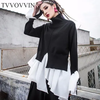 

TVVOVVIN Patchwork Knitting Pullover Female Turtleneck Irregular Split Draped Flare Sleeve Tops 2019 Spring Clothing Q682