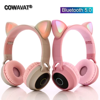

Cute Daughter Gift Bluetooth 5.0 LED Cat Ears Wireless Headset for Phone/PC With Mic Support TF Card Noise Cancelling Headphones