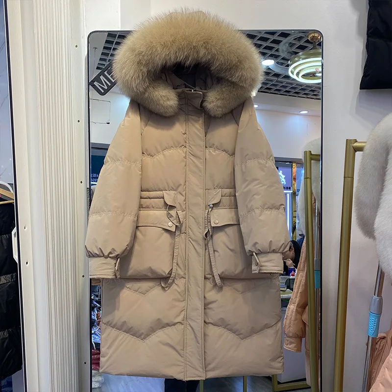 

2021 Newest women jacket 90% white duck down thicken Big pocket fox fur collar casual winter coat warm female long parkas khaki
