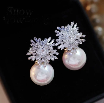 Carré de luxe autrichien cubique zircon boucles d'oreilles pour les femmes mode Imitation perle neige fleur mariée fille bijoux CEP075E