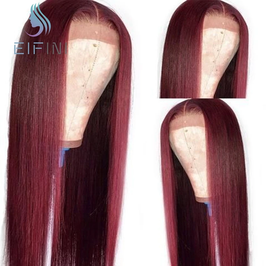 13x4 красный 99J Цвет прямые Синтетические волосы на кружеве парики из натуральных волос на кружевной предварительно эффектом деграде(переход от темного к бразильские Волосы remy Синтетические волосы на кружеве парики с детскими волосами Eifini