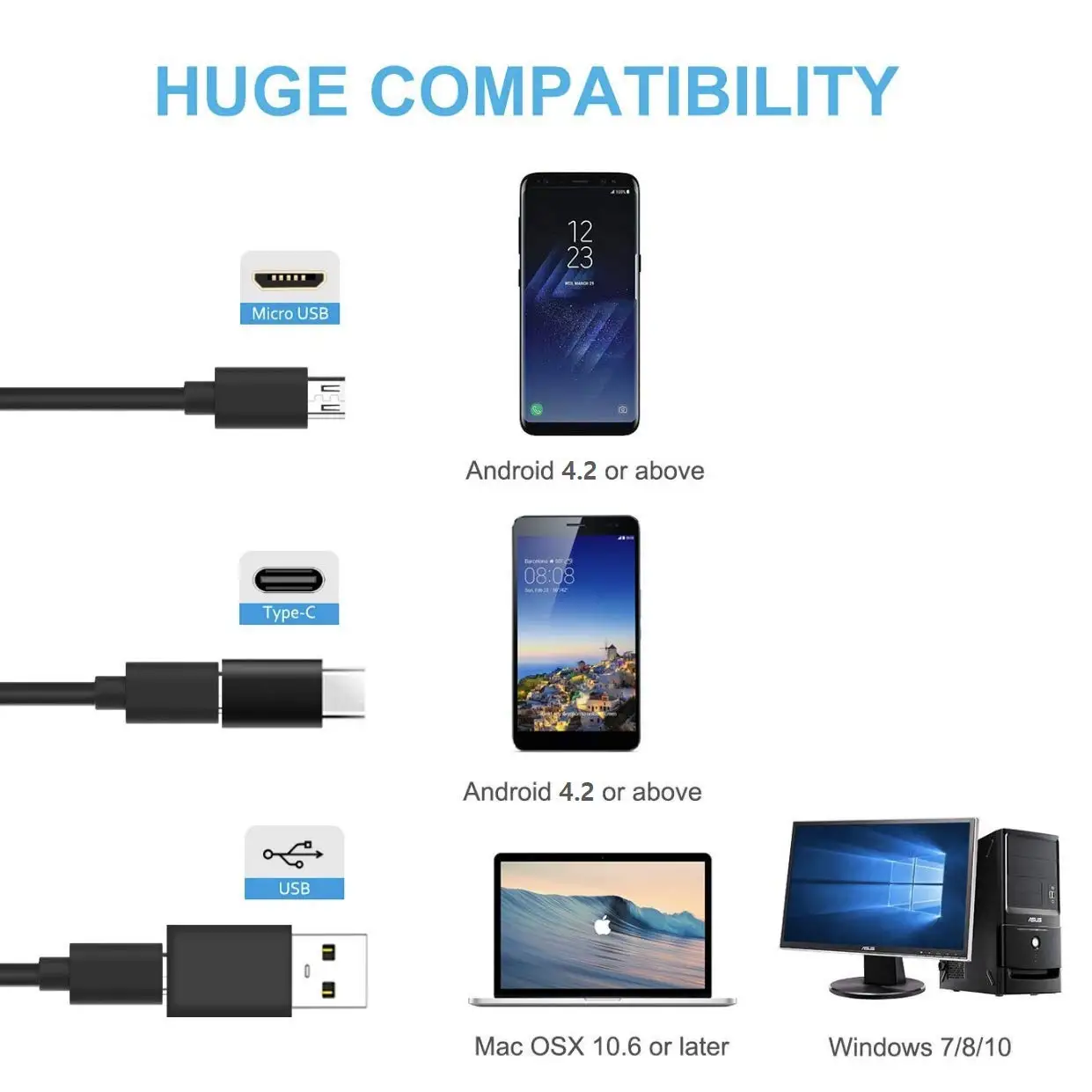 2,0 МП HD камера 1200P 8 мм 1 м 2 м 5 м полужесткая USB эндоскоп типа C бороскоп Инспекционная камера для Android смартфона Windows