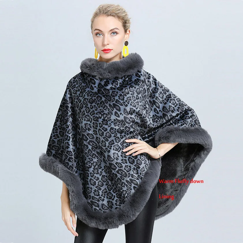 Fashion Leopard Soft Faux Rabbit Fur Poncho Coat Thicken Warm