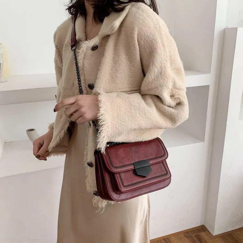 

2019 Winter New Style WOMEN'S Bag Shoulder Messenger Bag Solid Color Korean-style Car Suture Lock Shoulder Bag
