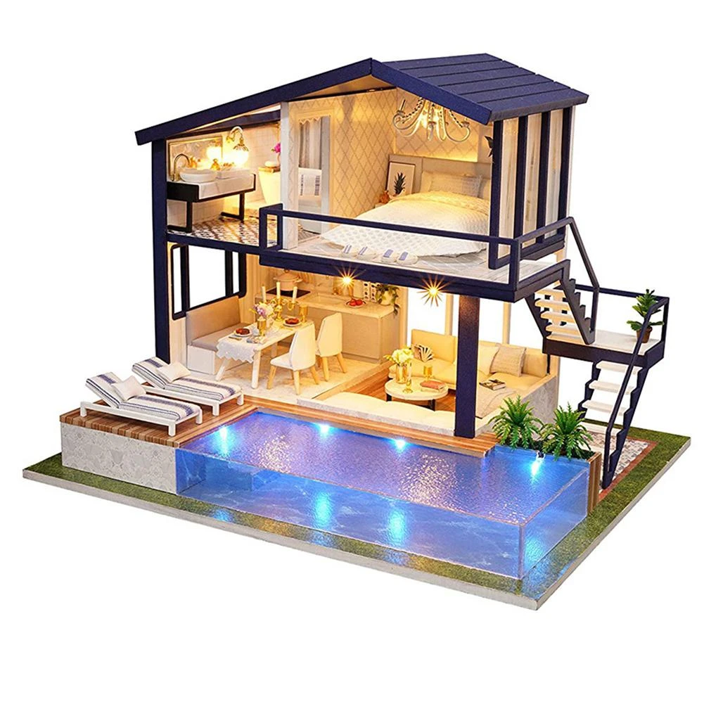 Diy Miniature Dollhouse Furniture Swimming Pool Building Villa Model Kids  Toy Assemble Dollhouse By Yourself - Doll Houses - AliExpress