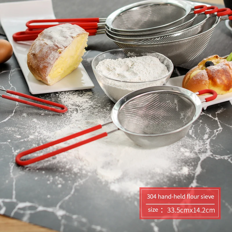 304 stainless steel baking tool flour sifter household flour flour sifter sieve hand held scrub-proof - Цвет: 33.5cm14.2