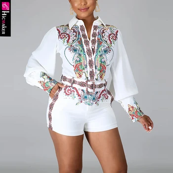 

Two Piece Outfits for Women Long Sleeve Printed Blouse & Bodycon Short