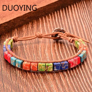 

7 Chakra Bracelet Vintage Braided Rope Genuine Leather Wrap Bracelet Multicolor Natural Stone Square Shape Beads Yoga Bracelets