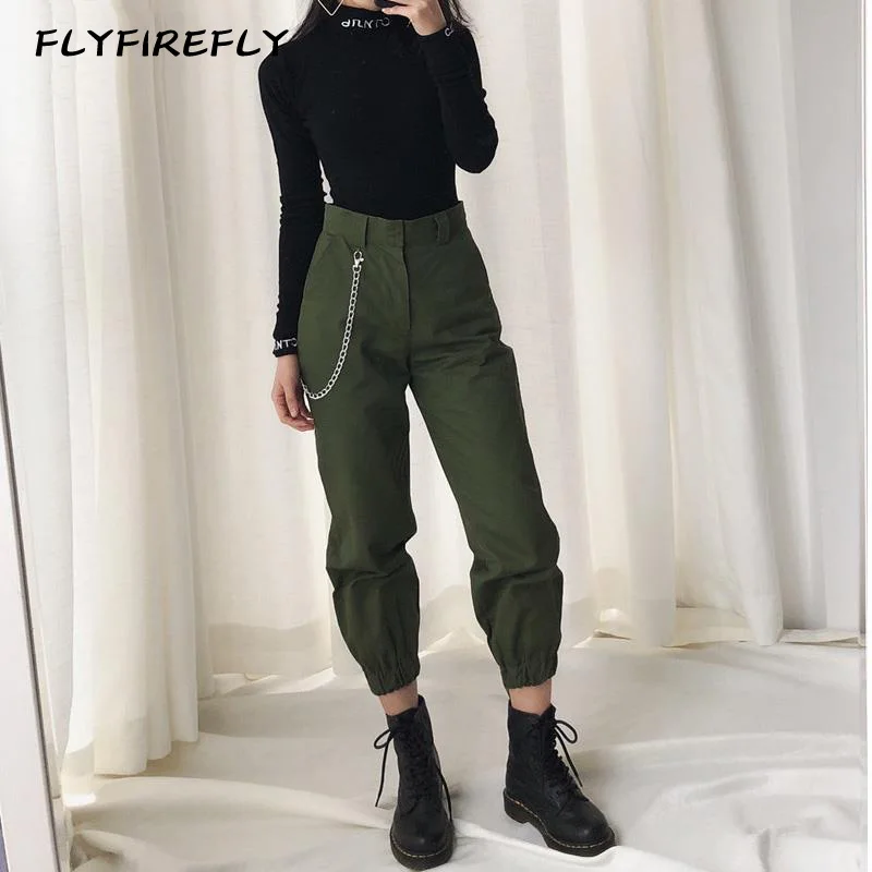 

High waist pants streetwear cargo pants army green loose trousers elegant camouflage sweatpants with chain black spring fall