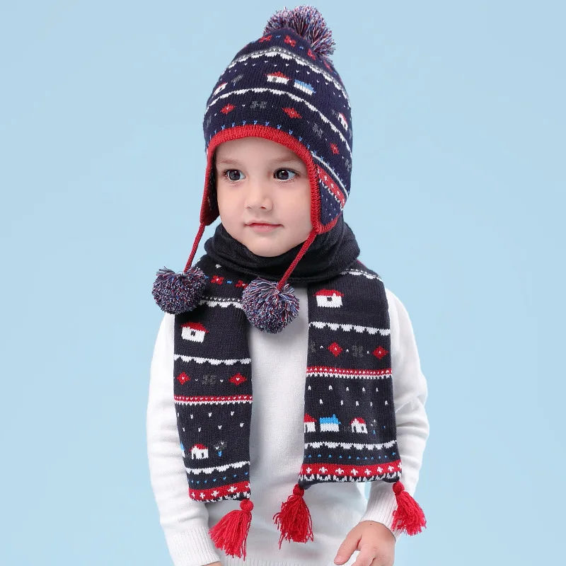 

Boy Hat Scarf Set Winter Earflap Beanie Fleece Autumn Warm Pompom Dobby Skiing Outdoor Accessory For Kid Baby