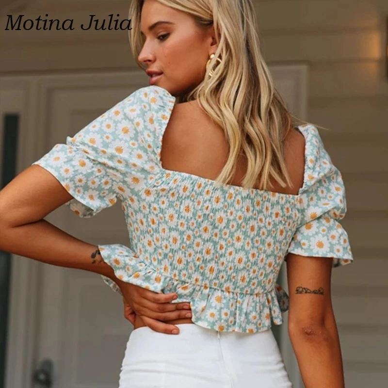 Motina Julia, весна-лето, цветочный принт, блузки, рубашка для женщин, квадратный вырез, короткий рукав, принт, обрезанная рубашка, топы, boho рубашка