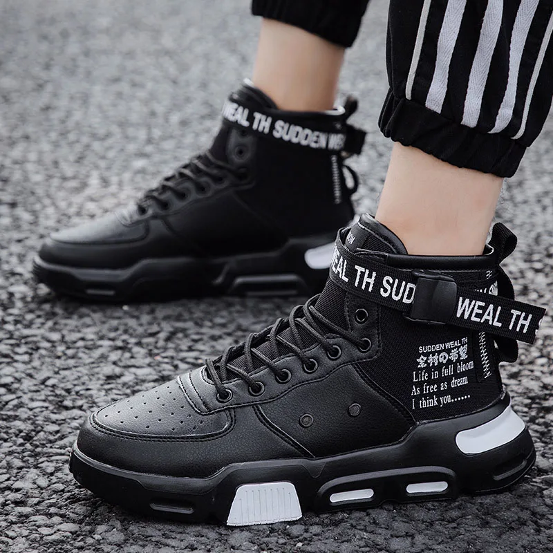 Black-3 Крутые уличные высокие кроссовки Tenis мужской, большого размера 47 Засов унисекс дизайн прогулочная обувь сетка pu кожа Повседневная обувь мужские оксфорды - Цвет: Black-3