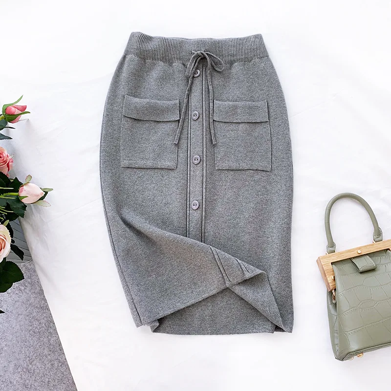 Повседневная однобортная трикотажная Женская юбка с карманами корейская мода миди Saia Faldas Mujer эластичная талия женские длинные юбки