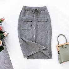 Повседневная однобортная трикотажная Женская юбка с карманами корейская мода миди Saia Faldas Mujer эластичная талия женские длинные юбки