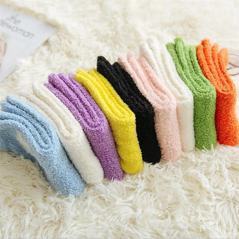 5Pairs/lot Cute Candy Color Solid Soft Women Fluffy Socks Coral Velvet Winter Warm Home Indoor Floor Terry Towel Fuzzy Socks