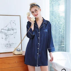 Summer Silk Satin Nightgowns Sleepshirts Sexy Plus Size Round Neck Sleepwear Women Solid Buttons Long Sleeve Shirt Night Wear