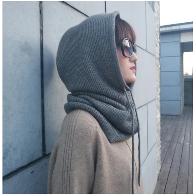 Мужская и универсальная шерстяная шапка кашемировая вязаная Толстая с капюшоном