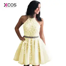 Желтое платье для выпускного вечера милые девушки Vestidos сексуальное вышитое платье с открытой спиной створки коктейльные платья короткий халат De вечерние платья