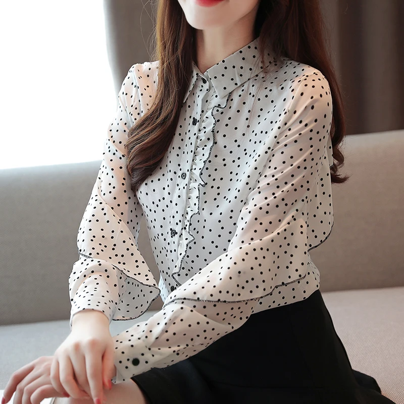 

Chiffon Slim Women Long Sleeve Blouses Fashion Dot Ladies Elegant White Tops And Blouses Women Button Officewear Black Blouses