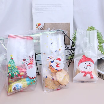 

50PCs Christmas Bag Cookie Bags Merry Christmas Biscuit Cookie Candy Bag Xmas Self-adhesive Cookie Packing Plastic Bags