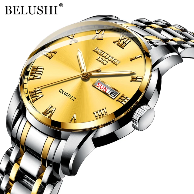 BELUSHI Top Brand Luxury Mens Watches Luminous Waterproof Stainless Steel Watch Quartz Men Date Calendar Business Wristwatch Silver Golden Golden