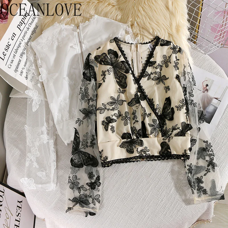 Сезон весна 2020 года сетчатые Кружевные блузы для женщин в стиле пэчворк с