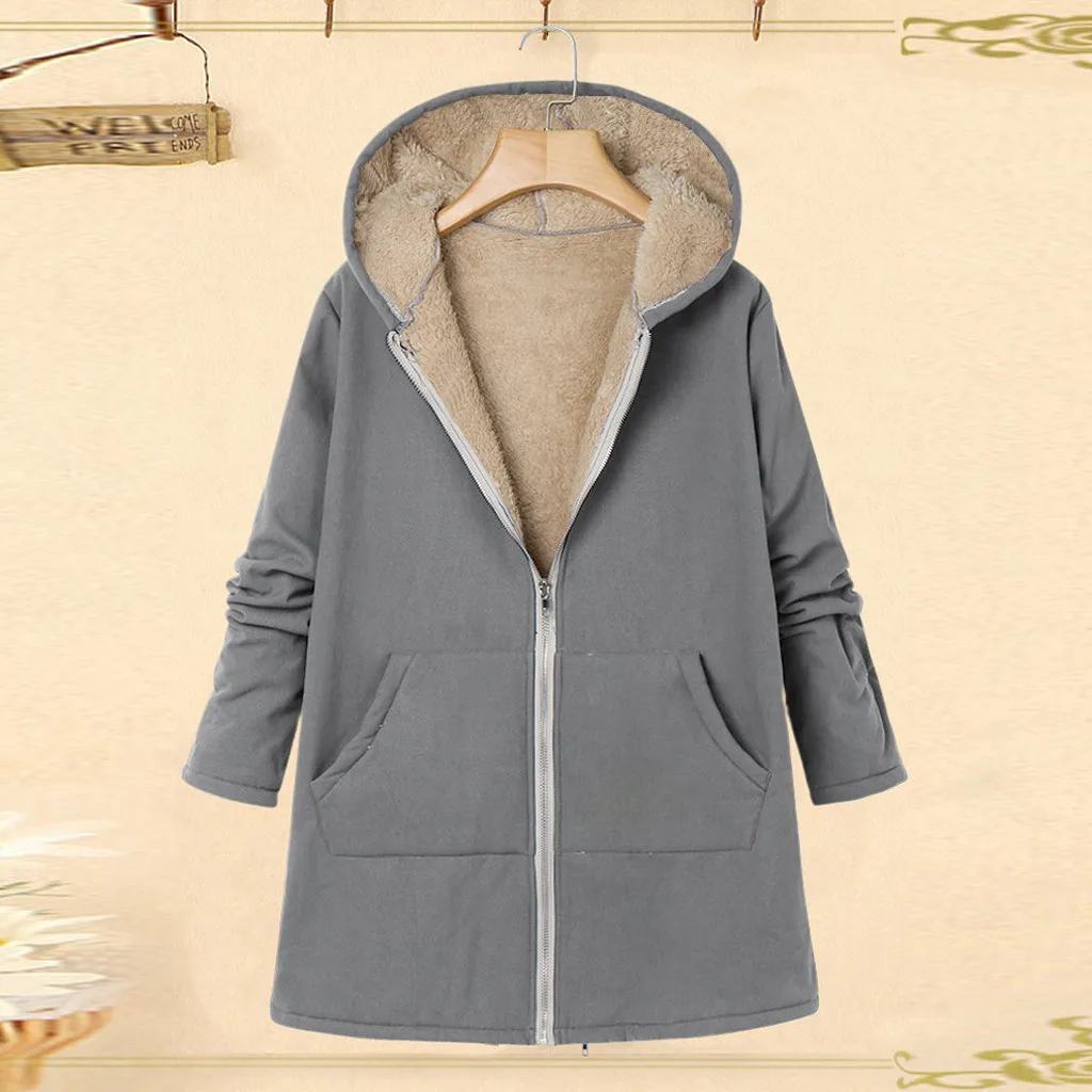 JAYCOSIN ladies large size jacket zipper hooded plus solid long composite plush casual fashion coat warm loose autumn and winter