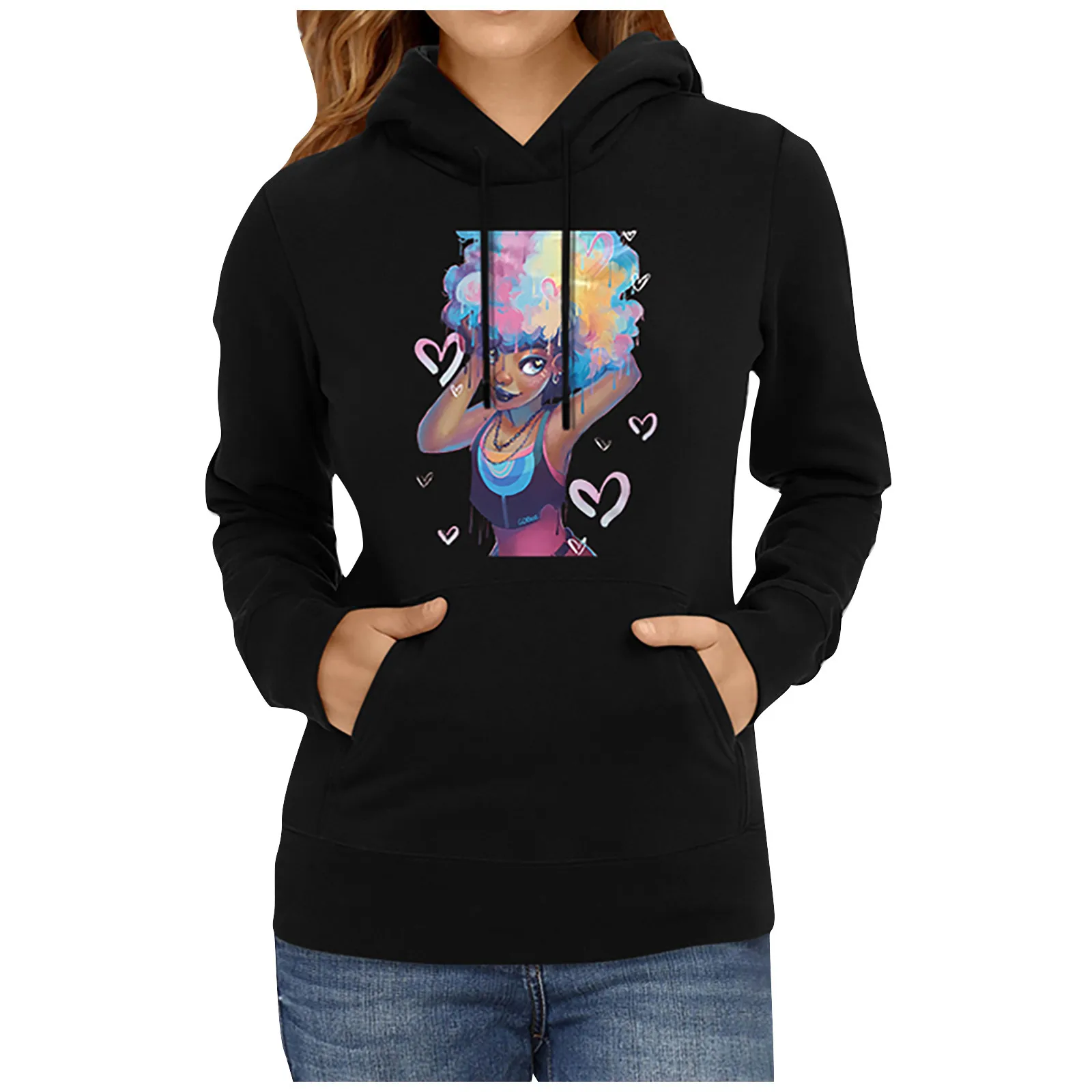 Women Fashion Hoodies Solid Color Elephant Printing Drawstring Hood Long Sleeves Sweatshirts Pocket Pullover Tops | Женская одежда