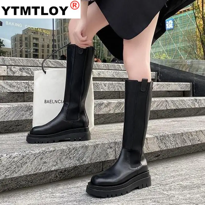 Botas Largas de plataforma con cremallera para Mujer, Botas hasta rodilla de tacón grueso, informales, de diseñador, para invierno
