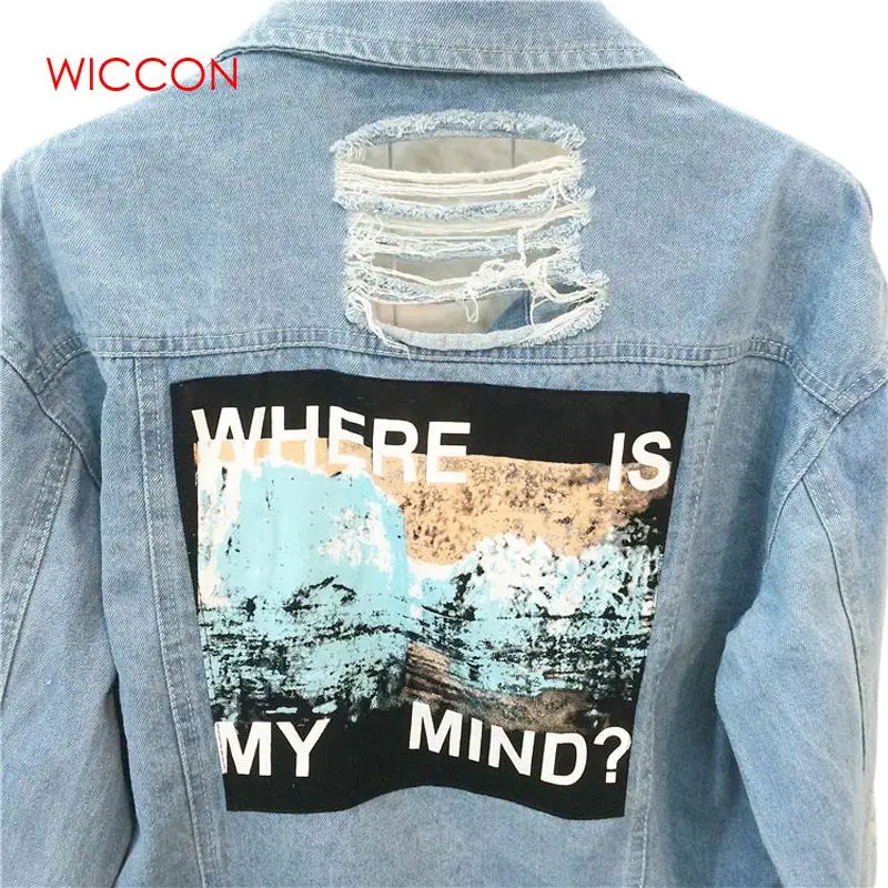WICCON/корейские винтажные потертые джинсовые куртки с вышивкой, Повседневная Уличная джинсовая куртка в стиле пэчворк, Женская Весенняя женская куртка