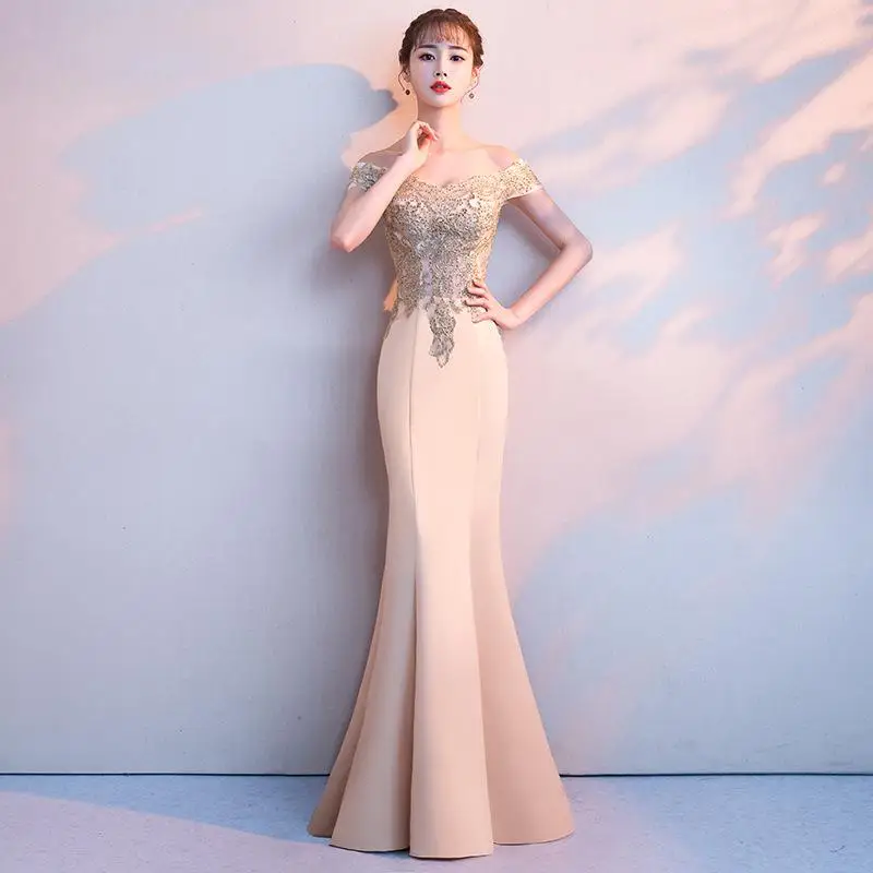 Gold Women Slash Neck Mermaid Party Dress Sexy Backless Costume Dress Evening Prom Long Short Sleeve Ball Gown Vestido XS-3XL - Цвет: Золотой