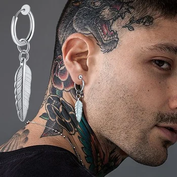 

SINGLE FEATHER LEAF EARRING BEST MEN EARRINGS NEW WAVE GUYS CONCH HOOP PIERCING WITHOUT PIERCING MALE JEWELRY