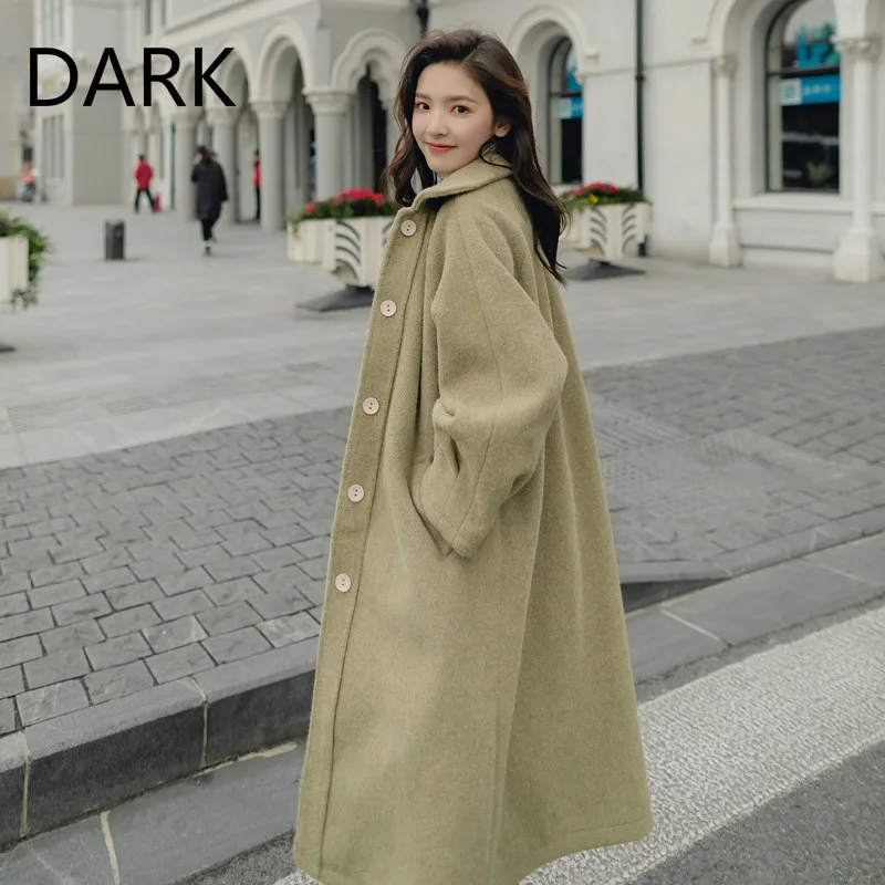 

[DARK] 2020 winter Korean version of the new woolen coat student mid-length loose and thin over-knee cocoon woolen coat women