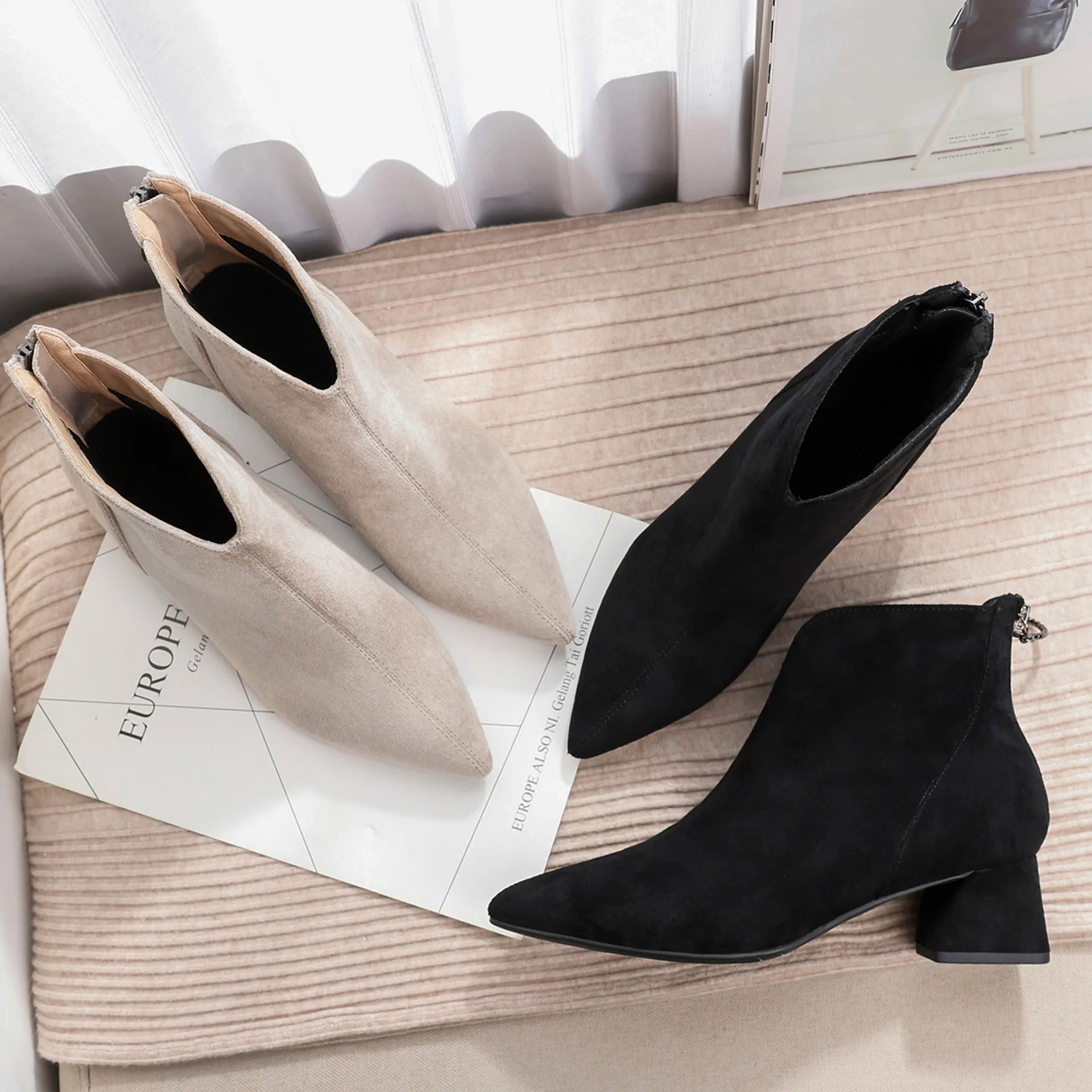 

Women's Boots Short Plus Fur Warm Square Heels Pointed Toe Solid Flock Slim Ankle Booties Winter 2019 Sexy Rubber Shoes Woman 40
