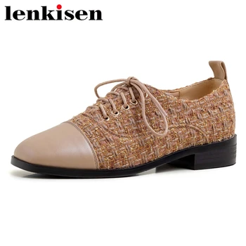 

Lenkisen 2020 full grain leather square toe med heel shoes women French romantic young lady lace up bowtie fashion pumps L10
