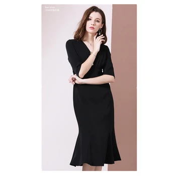 

High quality classic dress women party vestidos 2019 autumn v-neck elegant small black high waist slimming fishtail dress K224