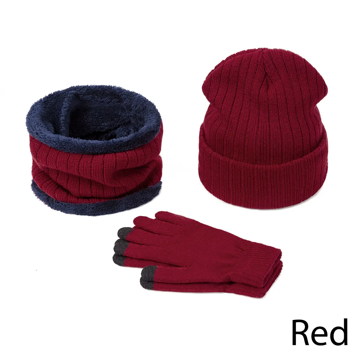 Red Новое поступление, Зимняя Теплая мужская шапка, шарф, перчатки, набор, шапки бини, вязаные утолщенные шапки для мужчин и женщин, шапка, нагрудник, перчатки, костюм унисекс, 3 шт - Цвет: Red