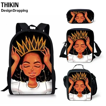 

THIKIN School Bags Orthopedic Children African Girl With Crown Pattern Book Bagpacks Student 4PCS Schoolbag Sets Mochila Escolar