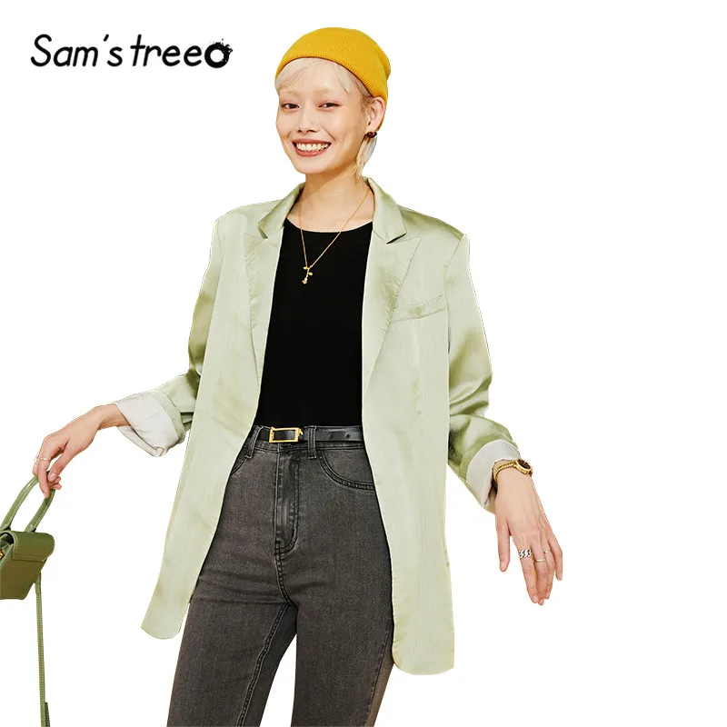 Samstree зеленый чистый элегантный сатиновый Блейзер Женская рабочая одежда пальто Осень корейский стиль свободная Офисная Женская верхняя одежда
