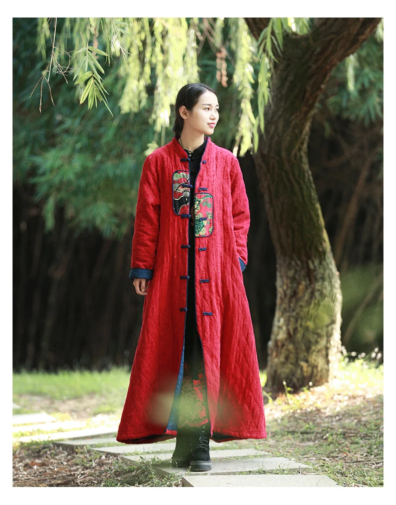 LZJN Оригинальное стеганое макси пальто осень зима с длинным рукавом винтажное платье Сплит китайский стиль лоскутное красное Стеганое пальто
