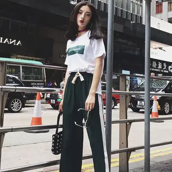 

Women Loose Tops + Split Striped Wide Leg Pants Set Two-Piece Suits Letter Print T-Shirt